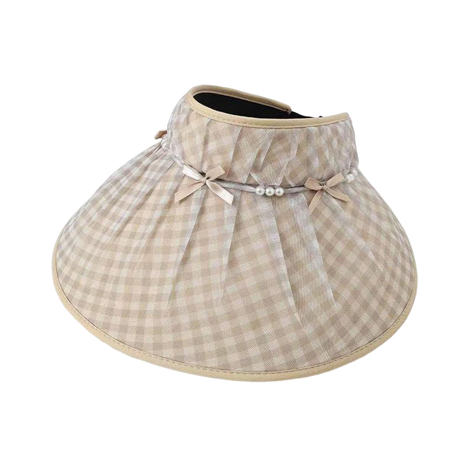 Trendygirl Flattering Sun Hat Sun Hat for Women Large Brim Checkered Design Full Face Uv Protection Summer Travel Hat with Bowknot Faux Pearls -