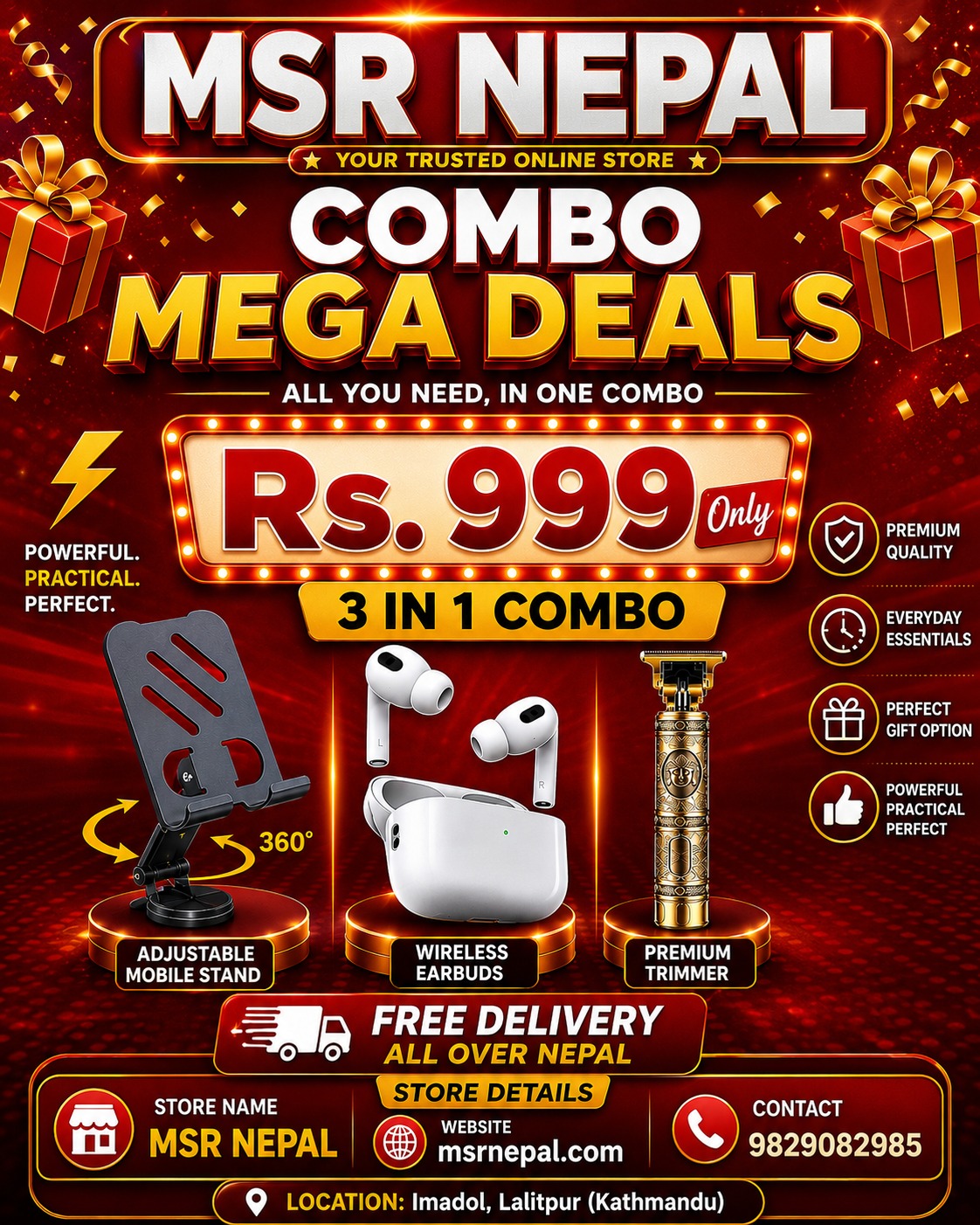 Wireless Earbuds + Mobile Stand + Premium Trimmer Combo | Rs. 999