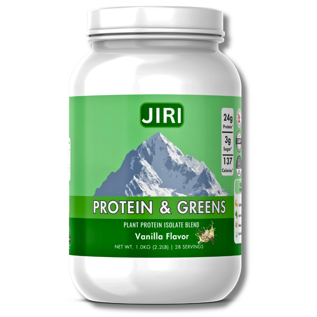 Jiri Nutrition Plant-Based Protein & Greens Powder 1kg - Vanilla Flavor, 24g Protein, 3g Sugar, GMO-Free, Vegan, Made in Nepal