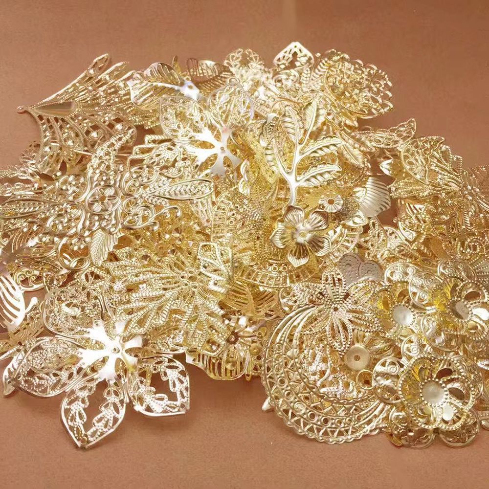 50g Handmade Material Barrettes DIY Accessories Jewelry Making Retro Filigree Metal Flower Slices Mixed Pattern Butterflies Leaves