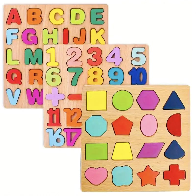 Wooden 3D Alphabets, Numbers & Shapes Puzzle Board (Pack of 3) - Colorful Montessori Educational Toy for Preschool Kids & Early Learning