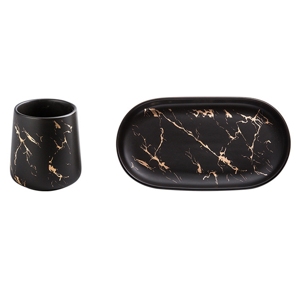 ARELENE Ceramic Mouthwash Cup Household Couple Wash Cup Household Toothbrushing Cup Oval Tray Bathroom Supplies Decoration Black