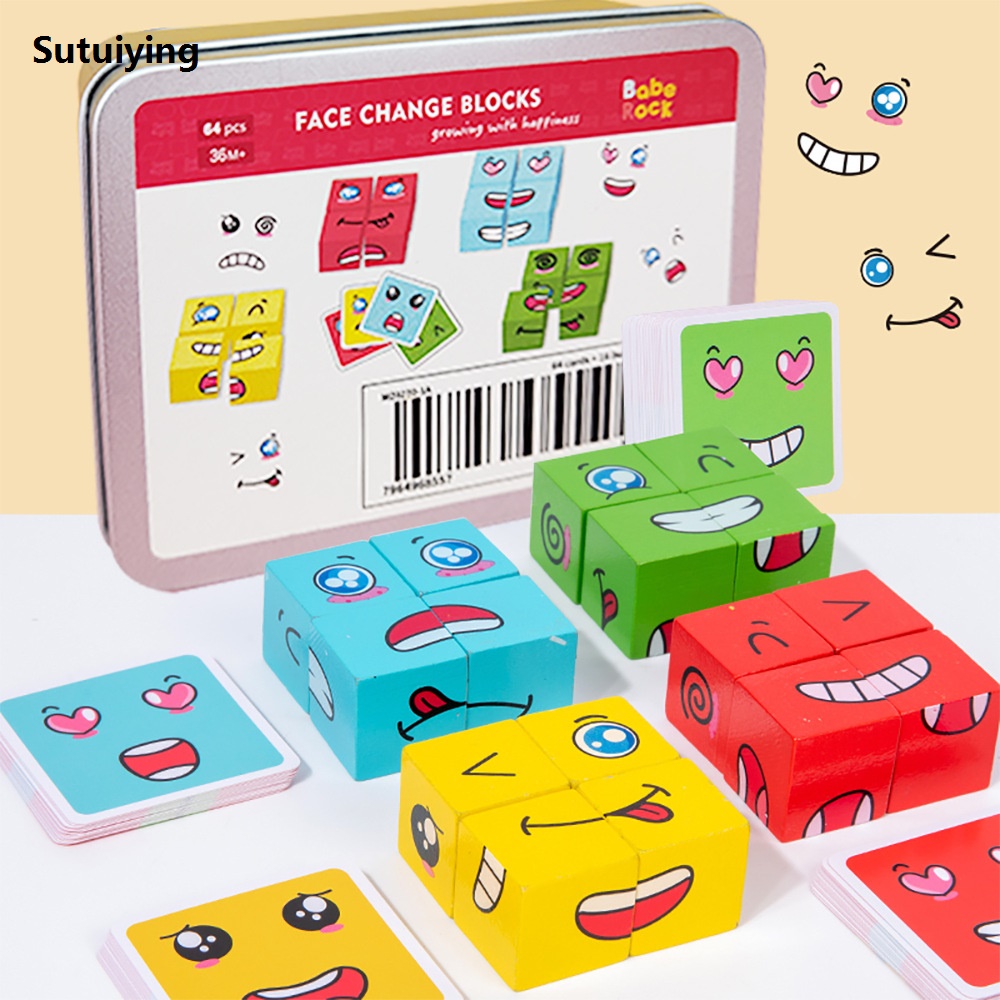 Sutuiying Face Changing Cube Board Card Game Building Blocks Cartoon Wooden 2025 Puzzle Montessori Anxiety Stress Relief Toys For Children Kids