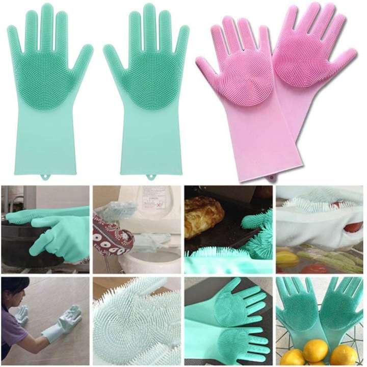 Silicone Scrubbing Gloves, Non-Slip, Dish washing and Pet Grooming, Magic Latex Gloves for Household Cleaning Great for Protecting Hands in Dish washing -1 Pair (Color May Vary)