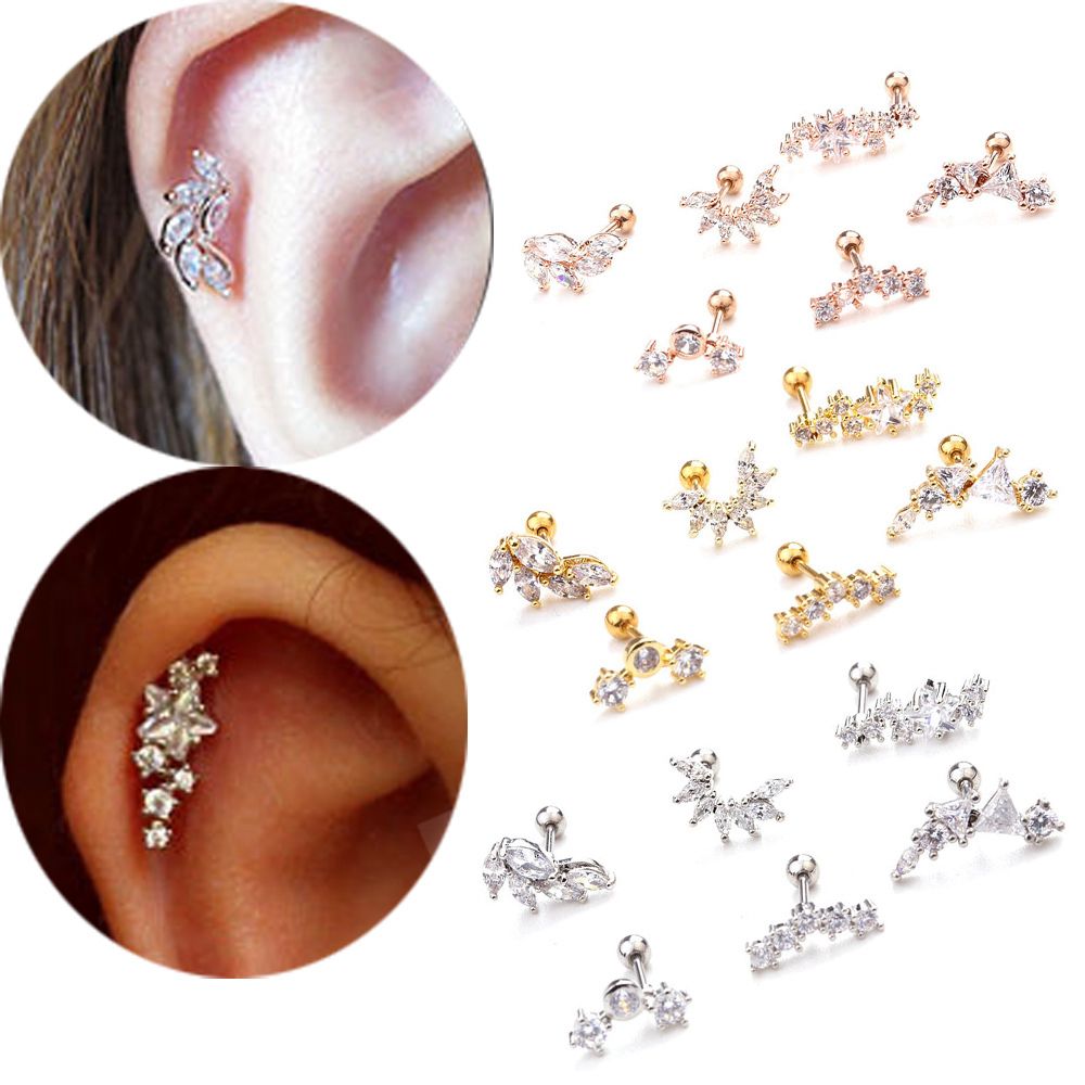 1PC Rose Gold Silver Gold Cz Zircon Star Leaves Stainless Steel Helix Tragus Cartilage Ear Stud Piercing Earring