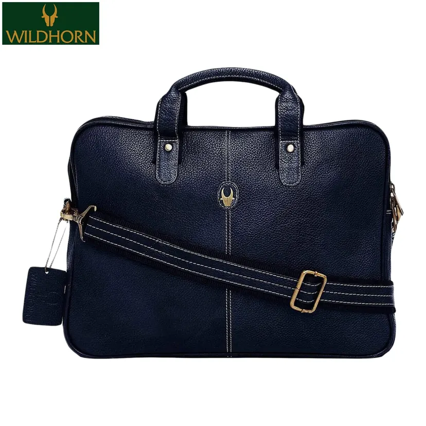WILDHORN Nepal® Classic Genuine Leather 13 inch Laptop Bag for Men with Adjustable Strap (WHBG 4003 Blue)