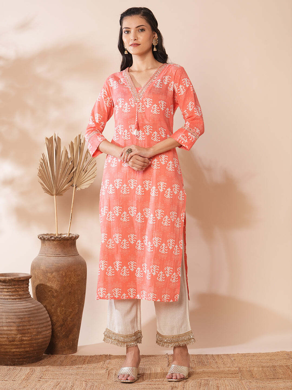 Fabdale Floral Print Pure Cotton Straight Kurta | Festive & Party Wear (PRSC-020)