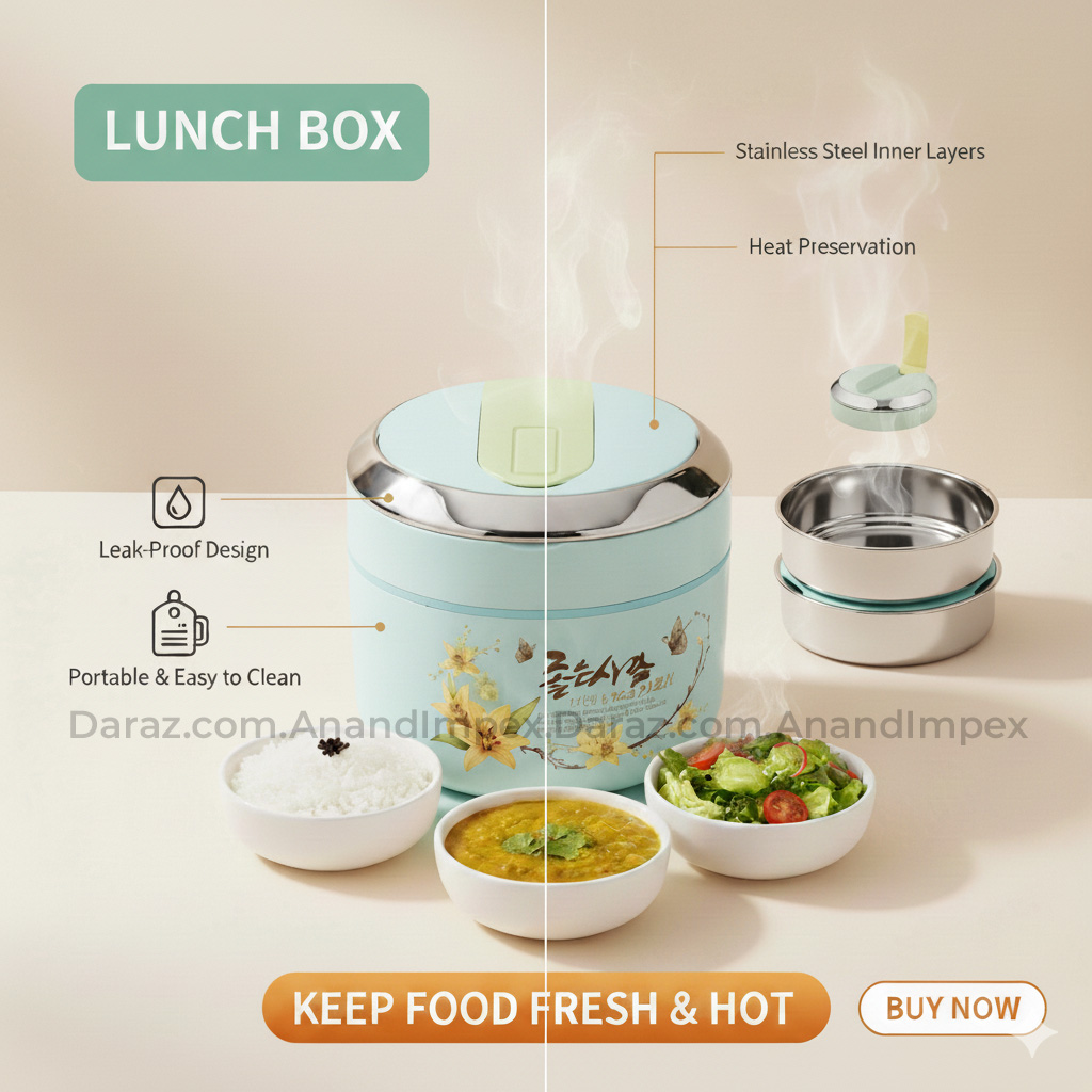 Korean Floral Stainless Steel Lunch Box 2-Layer Tiffin - 100% Leak-Proof, Keeps Food Hot 4-5 Hours, 1000ml Capacity, Mint Green - Perfect for Office, School & Picnic