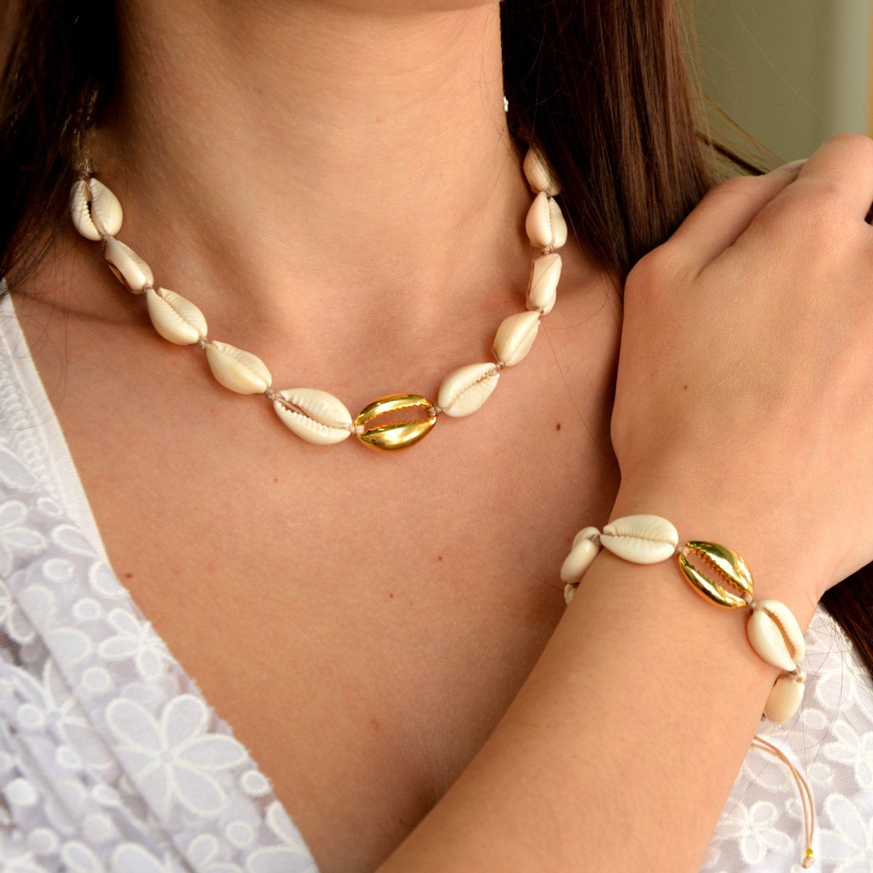 【New Shell Necklace Bracelet suit Cotton Pure Handmade Braided Simple Fashion Jewelry for Women