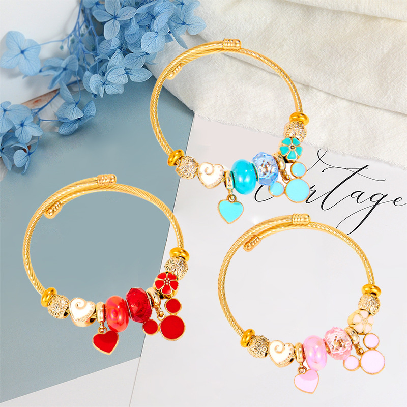 【Fresh Stainless Steel Golden Women's DIY Snake Chain Cartoon Mickey Head Love Beaded Bracelet Bracelet Jewelry