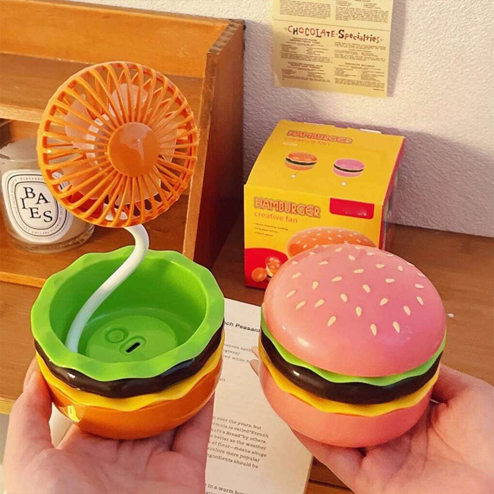 2025 New Mini Portable Handheld Type-C Wireless Charging Small Low Noise Cartoon Hamburger Desktop Fan With Hand Mirror