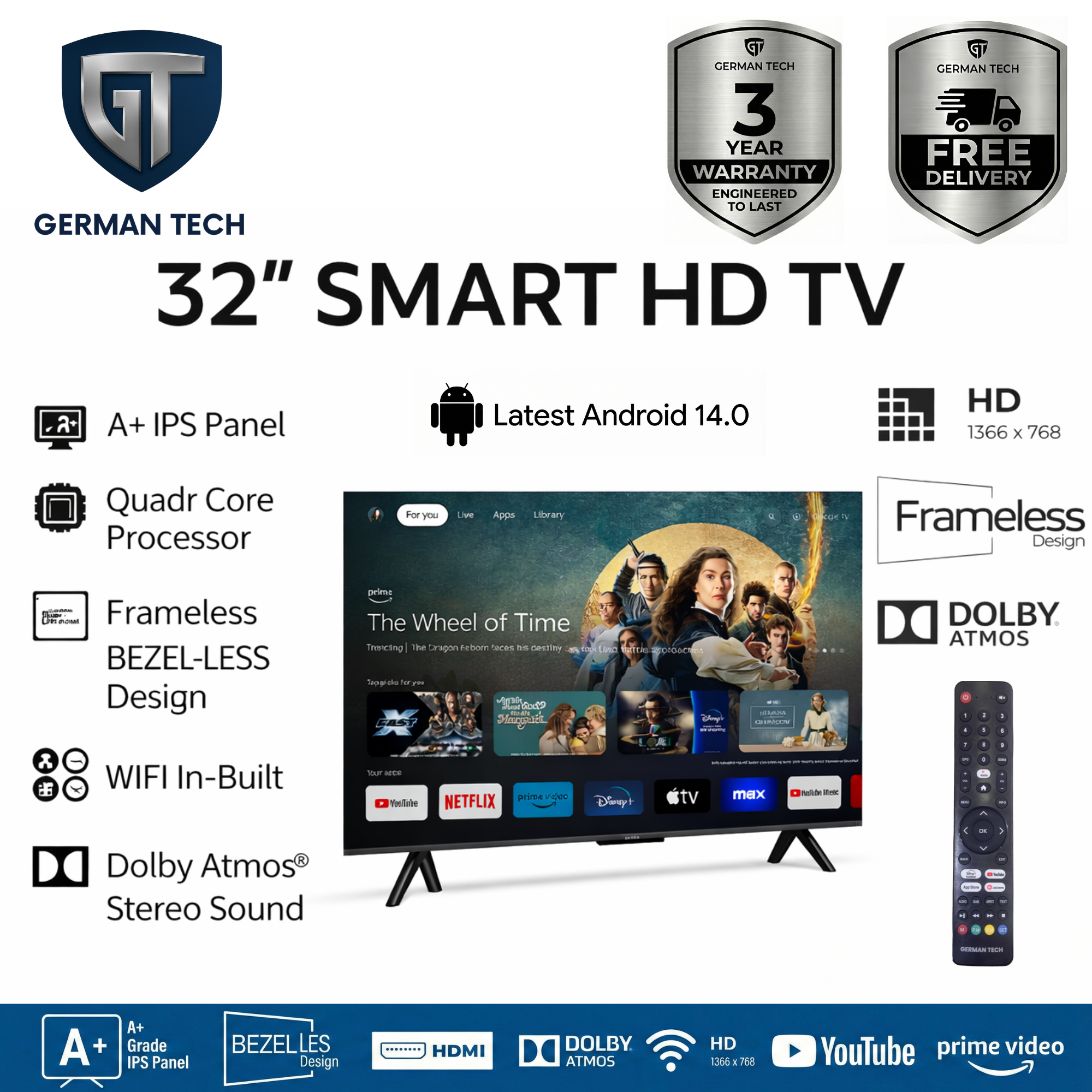 German Tech 32 Inch Smart TV (GT32S109HD) | Latest Android 14 | A+ Grade IPS Panel German Technology | Bezel-less Frameless Design | 24W Monster Sound - HD 1366x768 | 3 Years Warranty |32inch Smart Android Television | FREE DELIVERY | Nova Hub