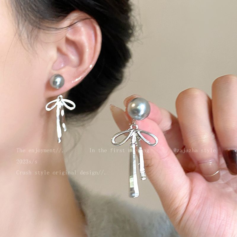 【Special offer】Bow gray pearl earrings women's autumn and winter 2023 new earrings earrings cute sweet all-match earrings