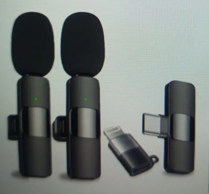 K9 3-in-1 Dual Wireless Microphone system compatible with Android (Type-C) and iPhone (Lightning) devices.