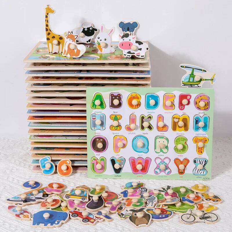 Toddler Wooden Peg 3D Puzzles Kids Alphabet Montessori Education Learning Toys Great Preschool Gift for Girls and Boys