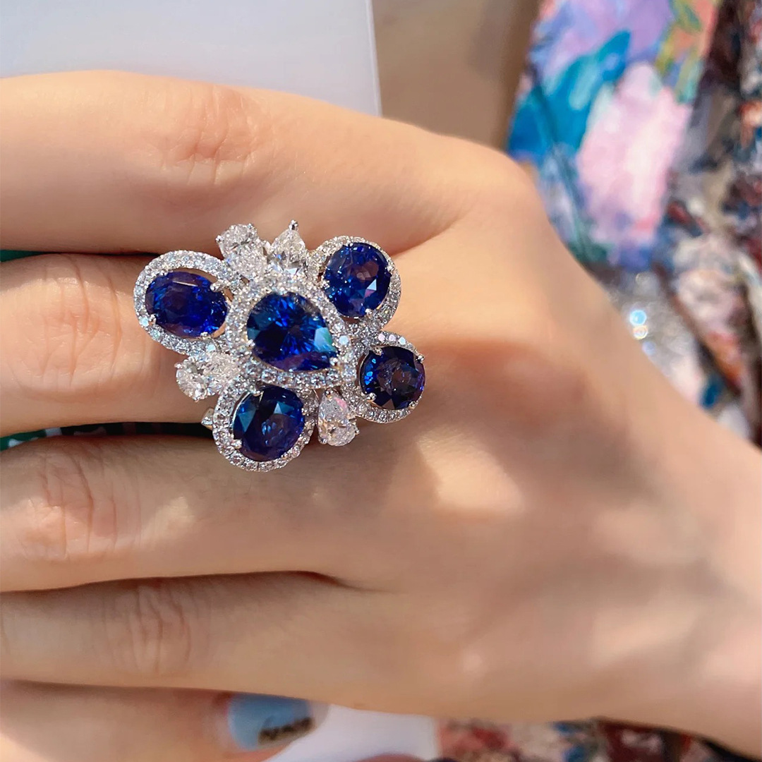【Mega Deep Sea Sapphire Flower Ring Opening Temperament All-match Court Style Light Luxury High-end Sense Index