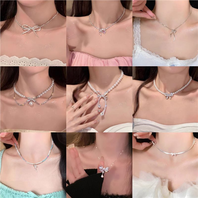 【New Arrivals】Women's Pearl Necklace Jewelry Lock Bone Diamond Fashion Sense French All-match All-match Set Chain Elegant High-grade Bow Light Luxury Small
