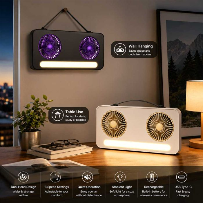 USB Rechargeable Dual Head Desk Fan with LED Light | Portable Cooling Fan | 3 Speed Silent Table Fan | 1200mAh Battery | USB-C Mini Fan for Office, Home, Bedroom, Camping & Travel