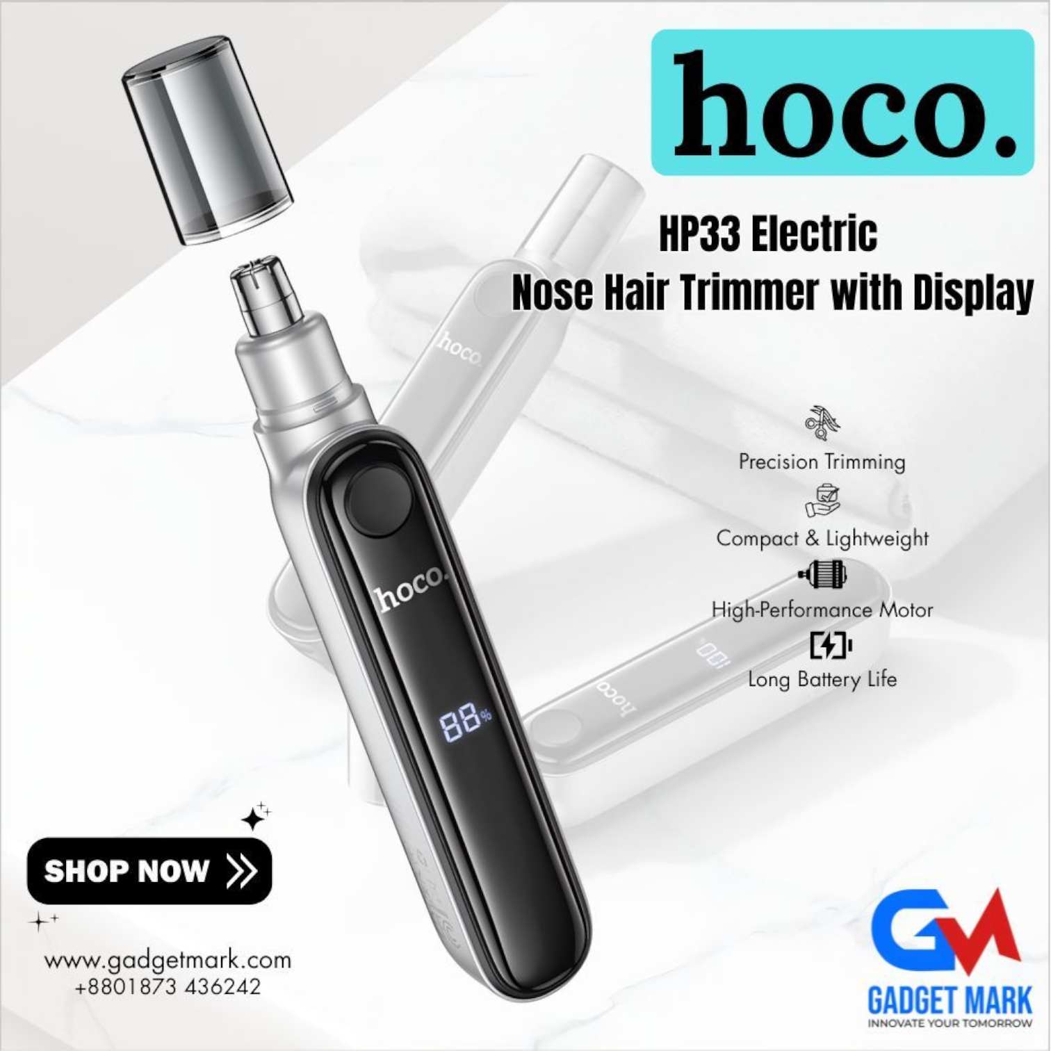 HOCO HP33 Electric Nose Hair Trimmer with Digital Display - Rechargeable, Portable, and Painless Ear and Nose Trimmer for Men's Grooming