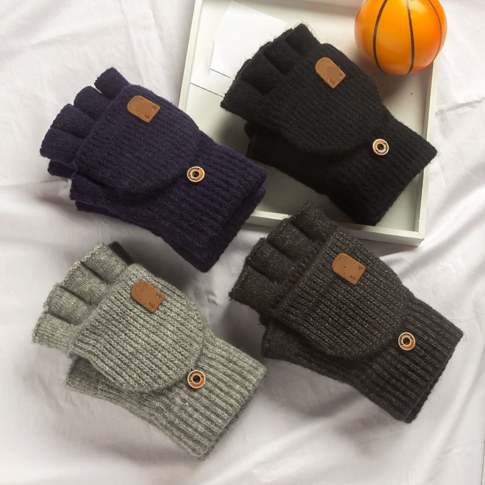 1 Pair New Winter Warm Wool Gloves Knitted Flip Gloves Thickening Fingerless Gloves Touch Screen Exposed Finger Without Fingers Mittens Unisex
