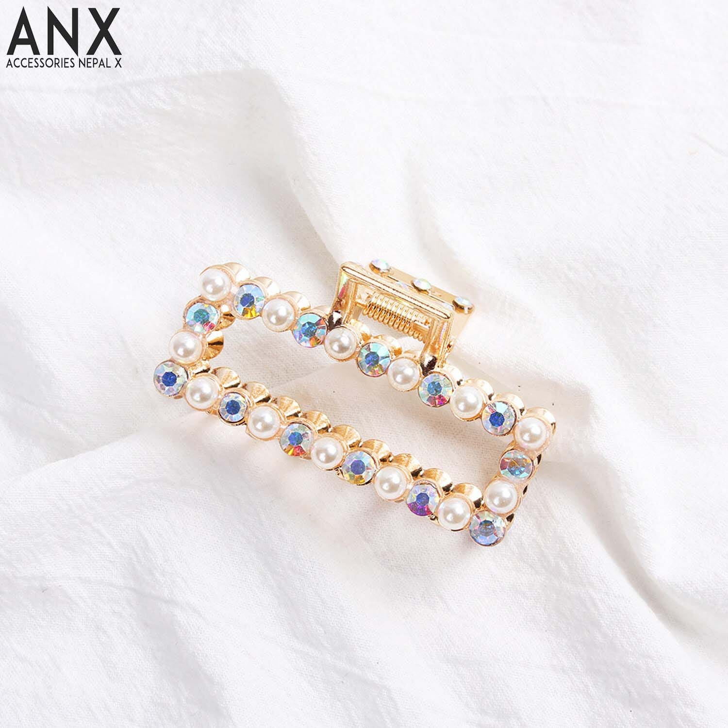 Anx Viral Shiny CrystalRhinestone Metal Large Hair Claw Pearl Cross Claw Clip