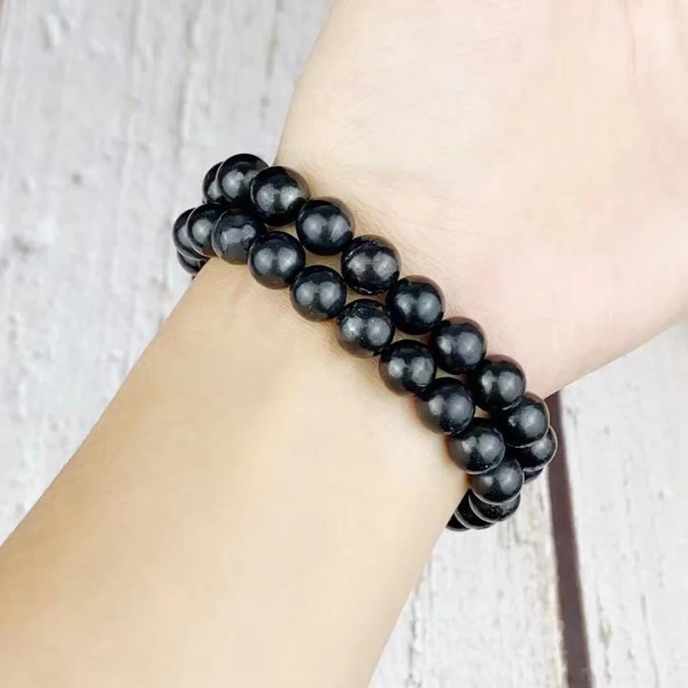 New Elastic Imitation Obsidian Bracelet Black 6mm 8mm 10mm 12mm 14mm Strand Bracelets Healing Stone Ball Beaded Bracelet Women Men