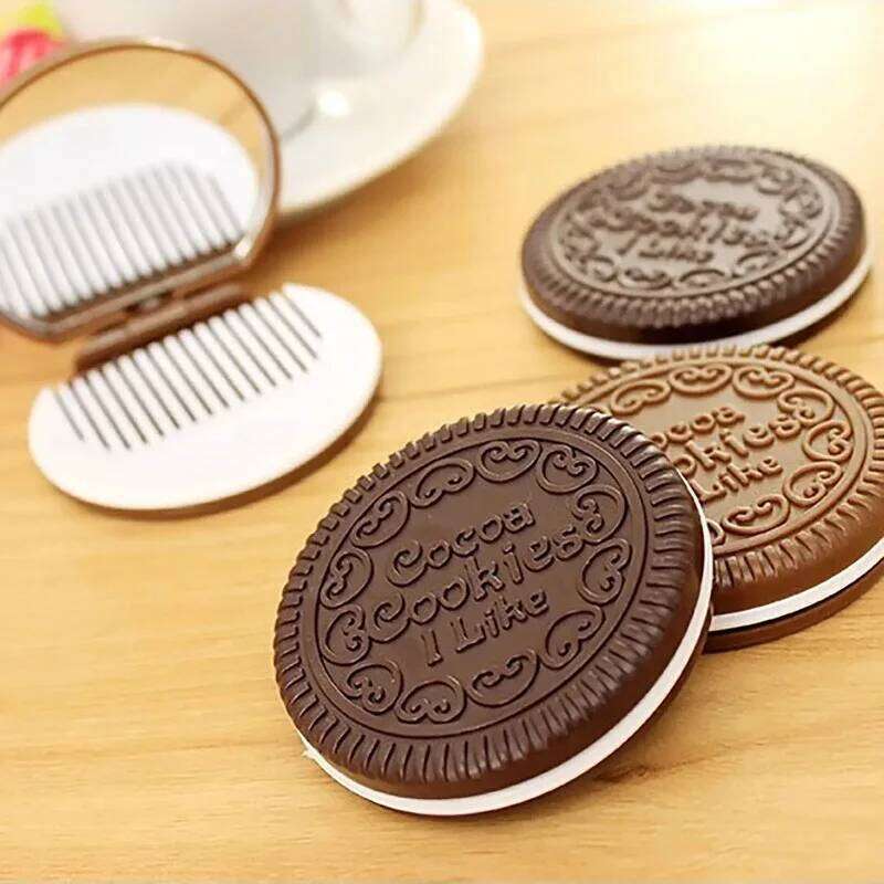 1pc Simple Ins Cute Oreo Chocolate Biscuit Outdoor Portable Mini Folding Makeup Pocket Mirror