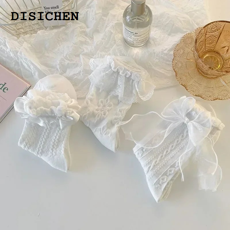 DISICHEN Luxury Sweet Lolita Lace Bow Middle Tube Socks Girls Black White JK Korean JK Soft Cotton Sock Casual Kawaii Female Breathable