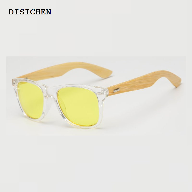 DISICHEN Wood Men Women Night vision Bamboo Sunglasses Drive Yellow Lens Vintage Square Male Female Sun Glasses for men High quality