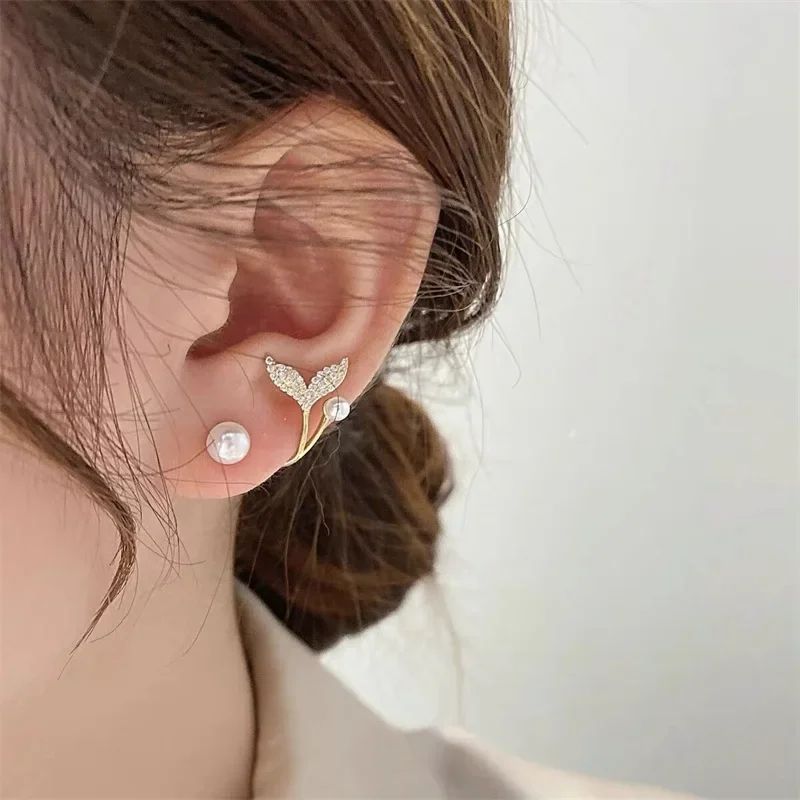 Stud Earrings Fashion Mermaid Tail Metal Women Flower Pearl Trendy Jewelry