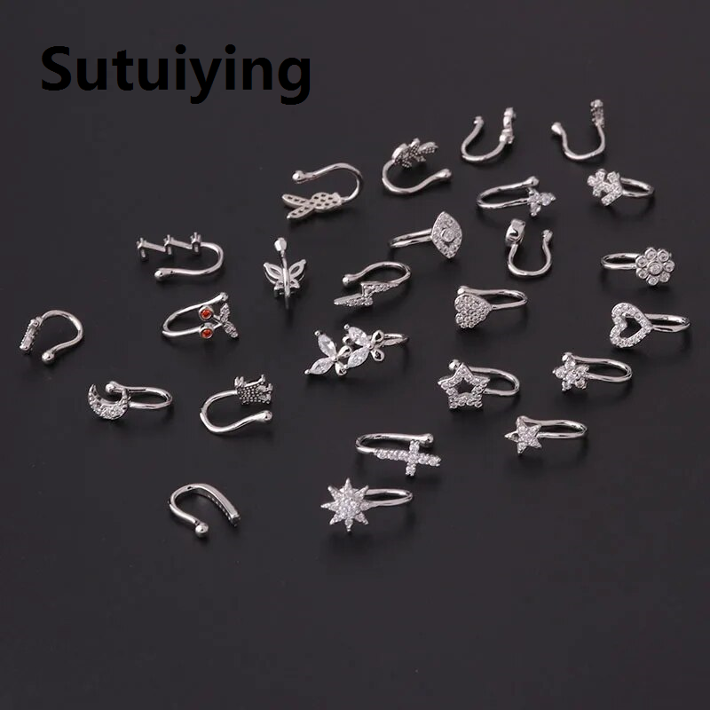 Sutuiying 1PC Copper Piercing Nose Ring Heart Star Crown Nose Clip Ear Clip Cuff Hoop Nostril Earring For Women Girl Body Jewelry