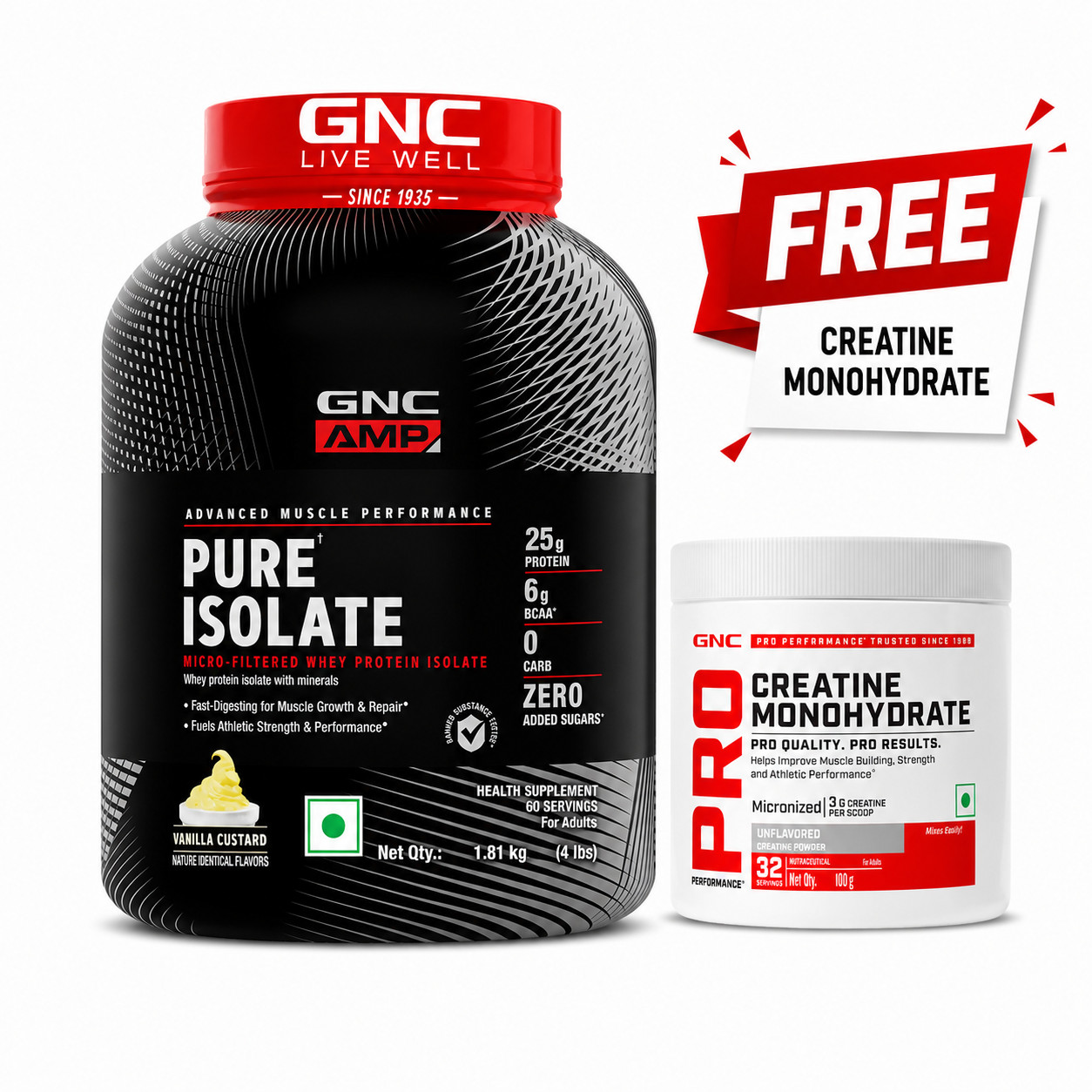 GNC AMP Pure Isolate (Low/Zero Carb) 1.81Kg (30g Serving) Vanilla Custard Flavor For Build Lean Muscles & Speeds Up Recovery With Increase Strength