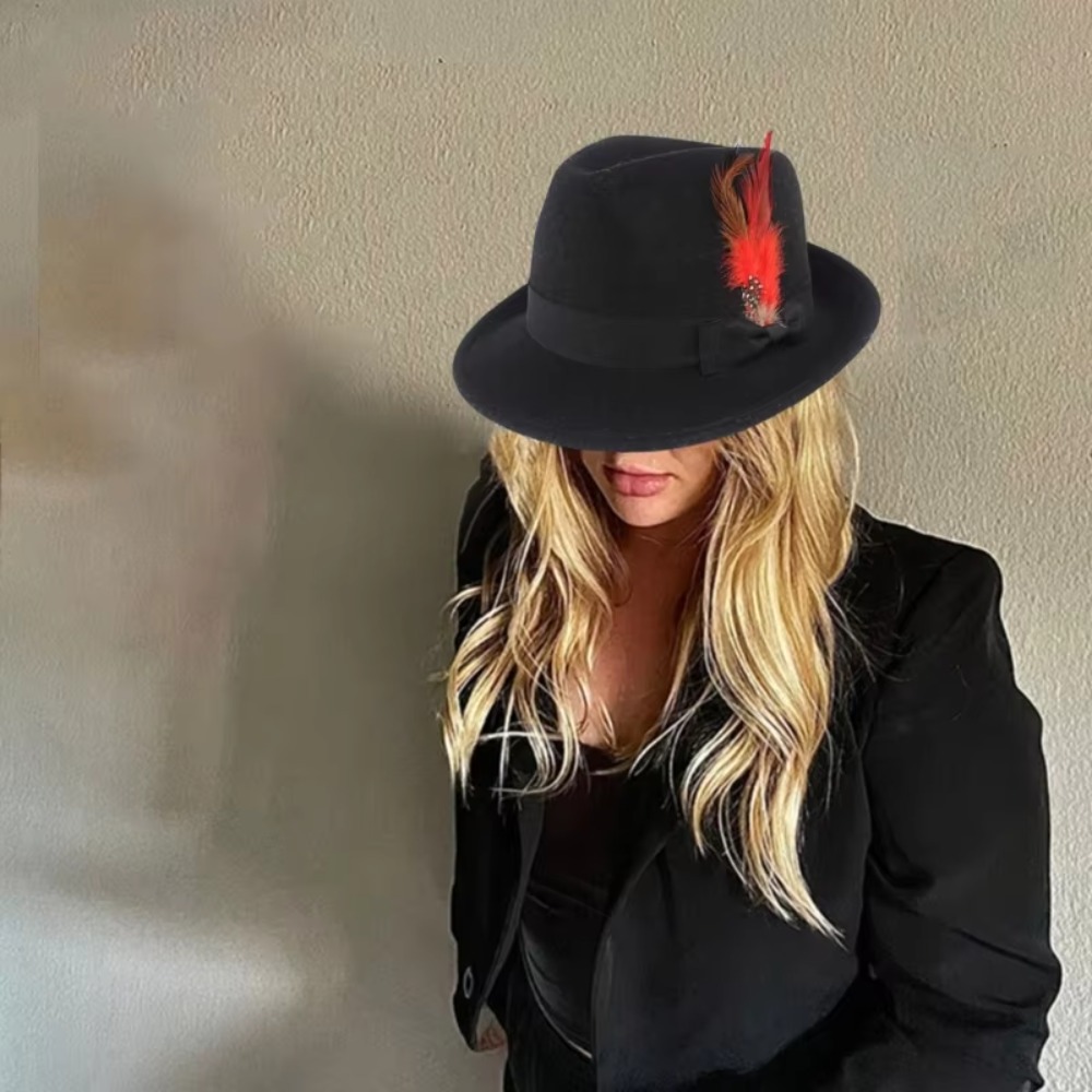 New Imitation woolen Feather Decors Hat Solid Color Costume Cosplay Cap Oktoberfest Hat Large Brim Gentleman Party Decorate Sun Hat Unisex