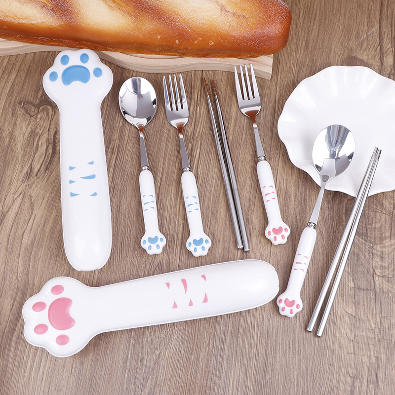 Portable Camping Spoon Set Cat's Paw Cartoon Stainless Steel Spoon Fork Chopsticks Tableware Student Outdoor Kitchen Accessories