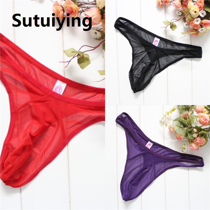 Sutuiying Men's G-Strings Transparent Thong Ultra-thin Mesh Low Waist Seductive Summer Underwear Male Underwear T-shirts