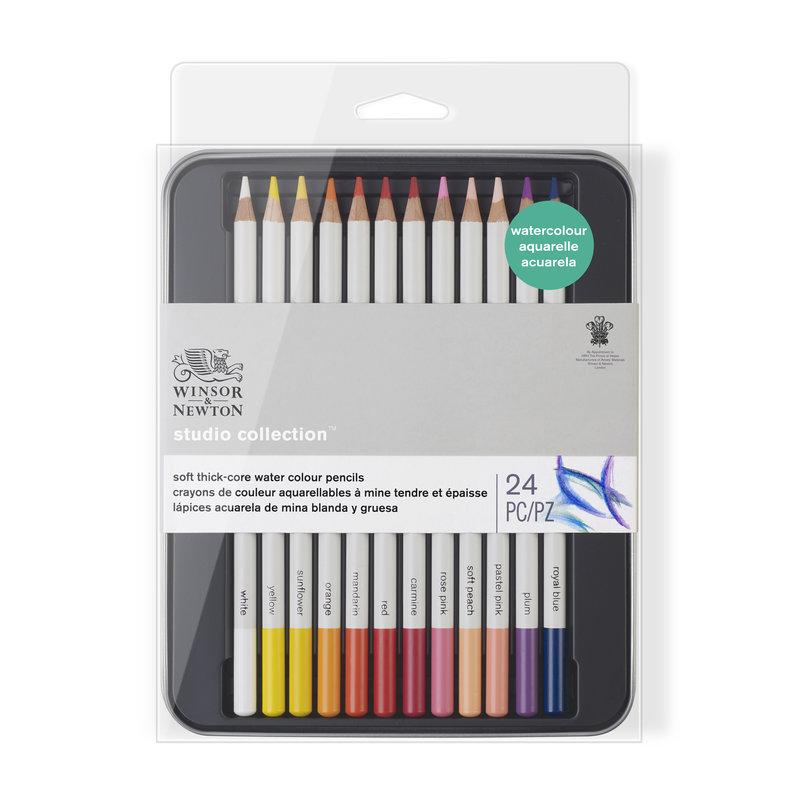 Winsor & Newton Studio Watercolor Pencils 24 Tin, Soft-Thick Core