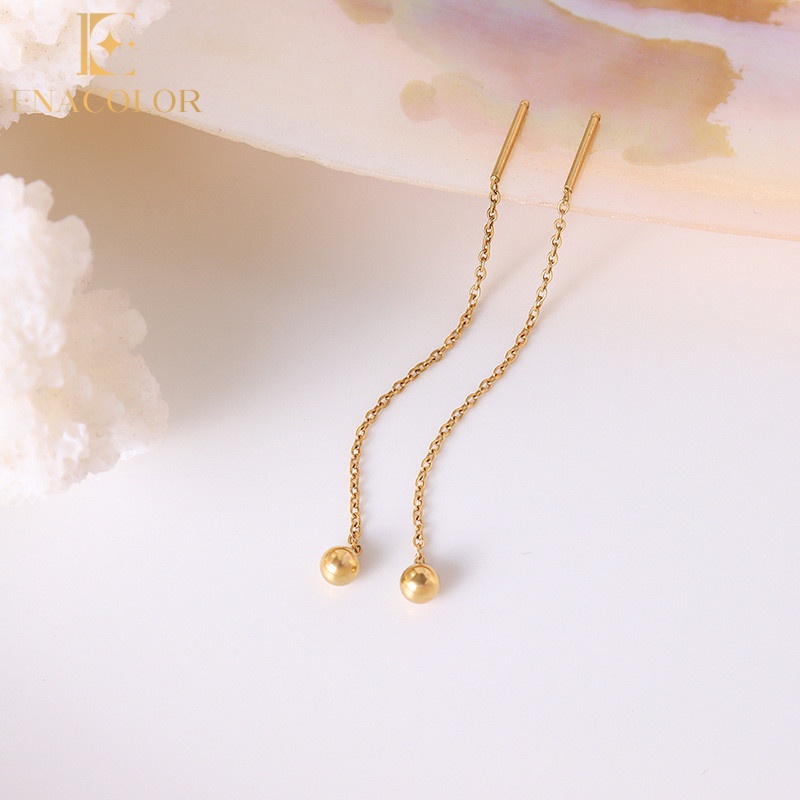 Enacolor Titanium Steel 18k Gold Plated Bean Ball Long Tassel Earrings for Women Hypoallergenic Fashion Accessories Gifts
