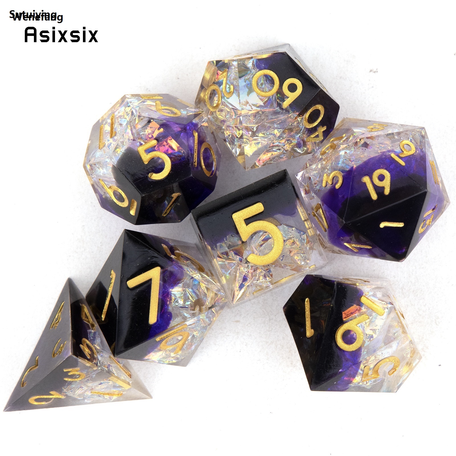 Wenefang Sutuiying 7 Pcs Purple White Golden Number Sharp Edge Resin Dice Portable Polyhedral New Dice Suitable for Role-Playing RPG Board Game