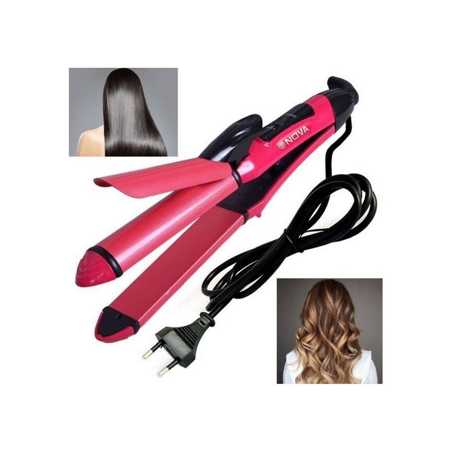 Professional Hair Curler & Straightener (Pink) | Ceramic Plated 2-in-1 Beauty Set