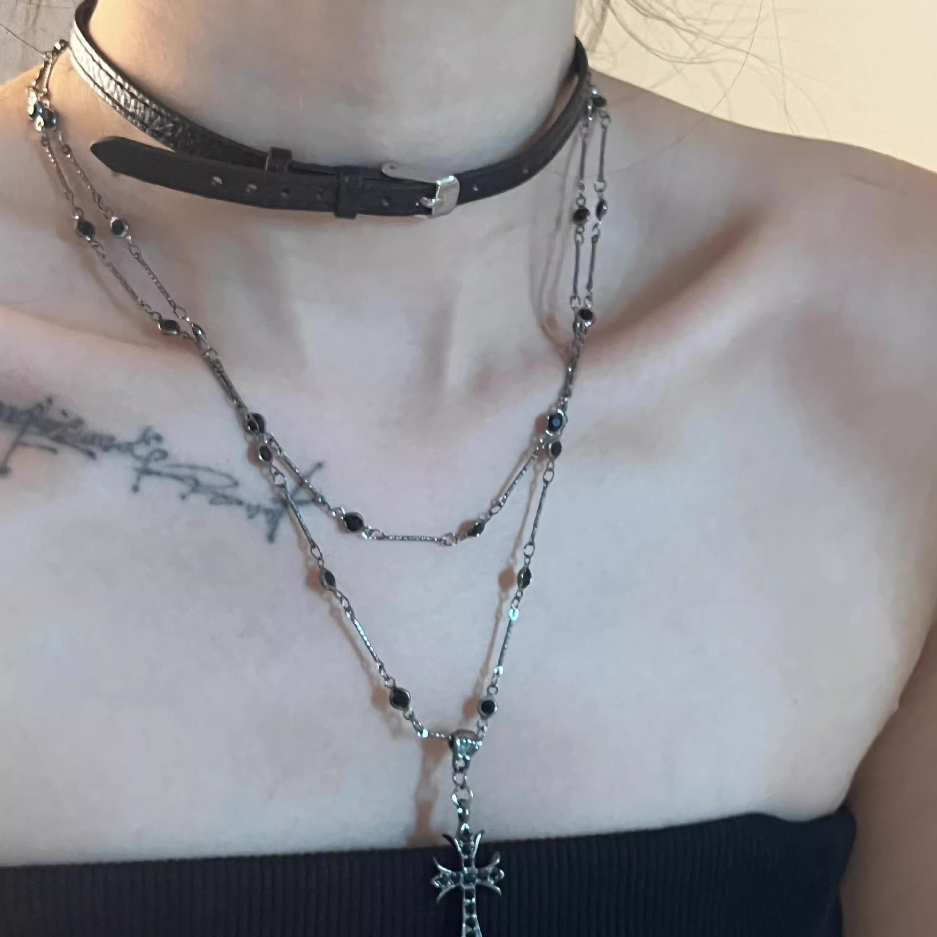【Mega Sale】Black Cross Necklace Sweet Spice Layer Overlapping Collarbone Chain Women's High-end Choker Necklace Accessories