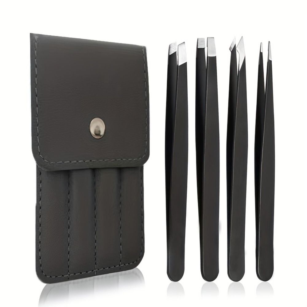 4PCS/Set Stainless Steel Eyebrow Tweezers Pointed Tip Oblique Mouth Beard Tweezers Portable Multifunctional