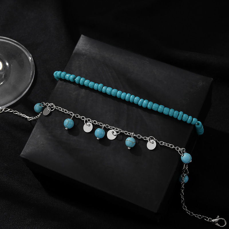 【Cheap】Wish new combination anklet retro Bohemian turquoise anklet 2 pieces suit adjustable foot accessories wholesale