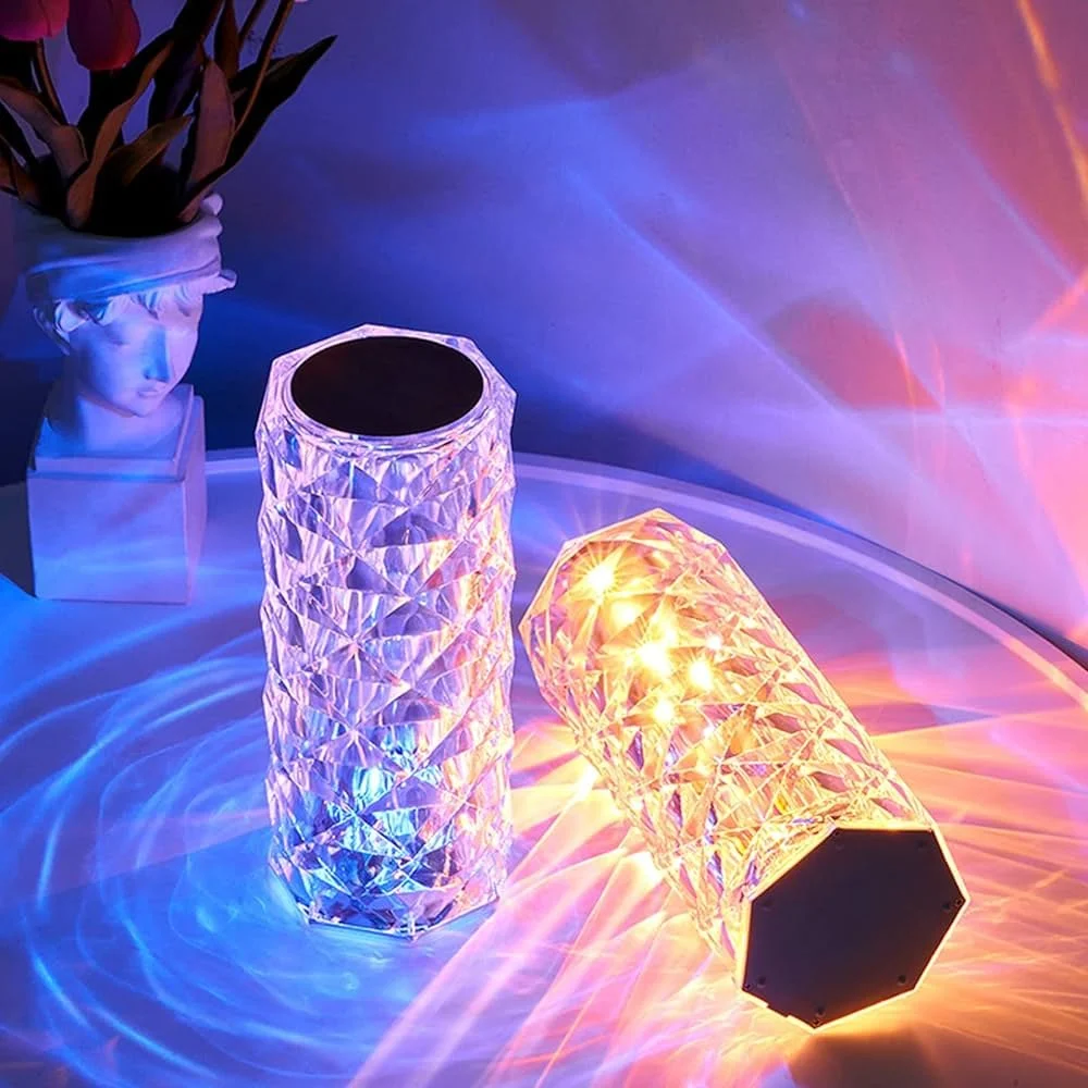 Premium Combo Set of 2 Crystal Table Lamp Rose Light Projector 3/16 Colors Adjustable Romantic Diamond Atmosphere LED Light | Very Romantic Gift | Rose Crystal Decorative Lamp | Remote Touch Table Lamp | Rechargeable Table Lamp
