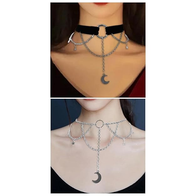 Gothic Moon & Star Multi-Layer Chain Choker for Women - Trendy Punk Aesthetic Necklace