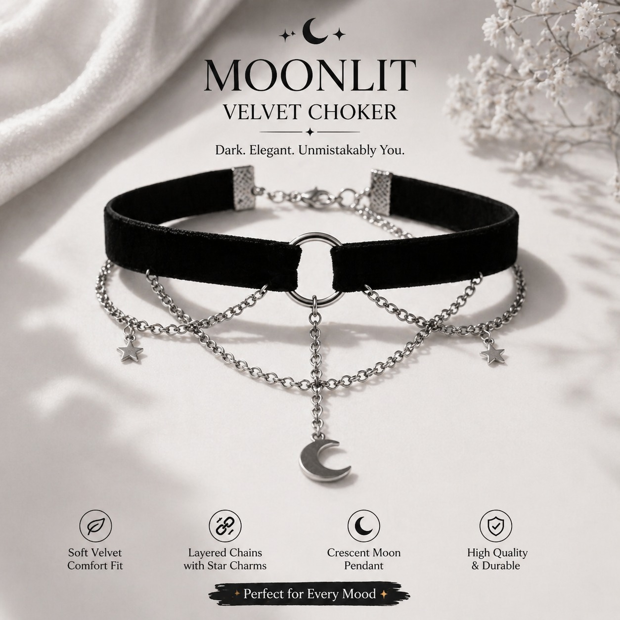Moonlit Velvet Choker: Dark, Elegant Celestial Statement Necklace with Layered Star & Moon Charms