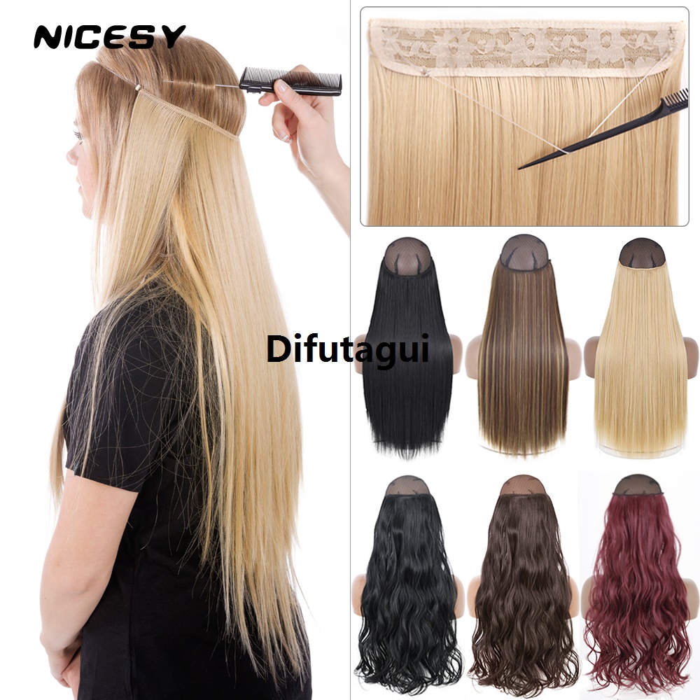 Difutagui Special Offer Synthetic No Clips Invisible Wire Hair Extension Artificial Luxury Natural False Long Short Straight Hairpiece Blonde For Women