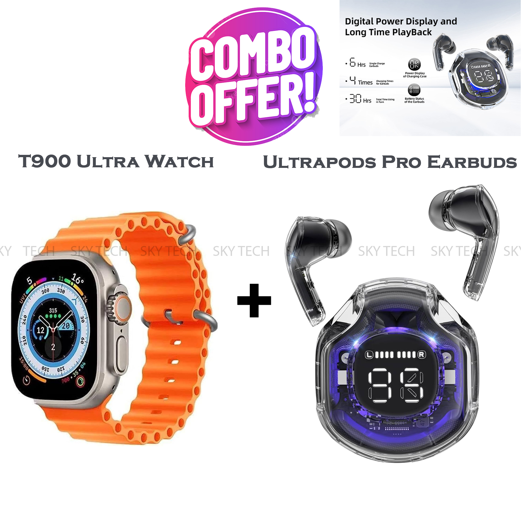 Combo M19 Wireless Bluetooth Earbuds with T900 Smart watch Ultra Big Display 2.09 For Men/women