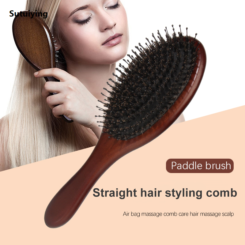 Sutuiying Women's Hair Comb Scalp Massager Bamboo Handle Professional Original Boar Bristle Airbag Hairbrush for Thick Thin Curly Wet Hair