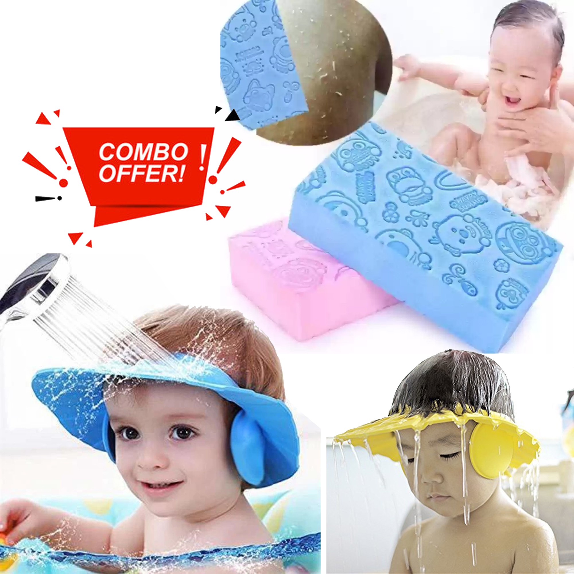 Mumlove 2-In-1 Baby Combo: Adjustable Shower Cap For Toddlers And Ultra-Soft Exfoliating Bath Sponge Set