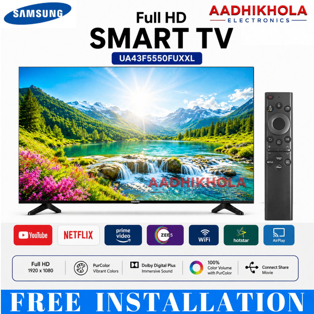 Samsung 43 Inch Full HD Smart TV UA43F5550FUXXL | HDR 10+ | Tizen OS Smart TV | WiFi & Bluetooth | 2 HDMI 1 USB | Slim Bezel Design | Voice Control | 20W Sound | Screen Mirroring | 3 Years Warranty